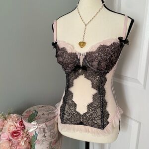 2000s Victorias Secret Angels Pink and Black Coquette Sexy Lace Corset 34D